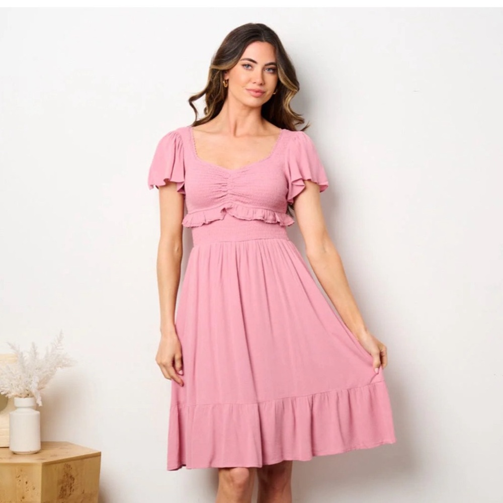 Women’s Short sleeve pockets V-neck Ruffle smock Midi Dress